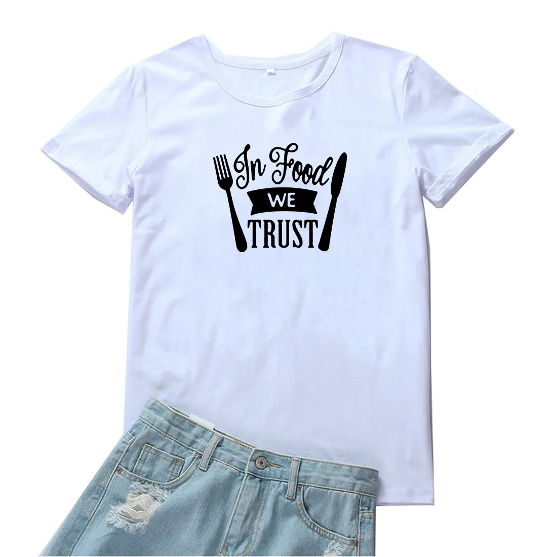 Женская футболка с ножом и вилкой, с надписью «We Trust»
Женская футболка с ножом и вилкой, с надписью «We Trust»