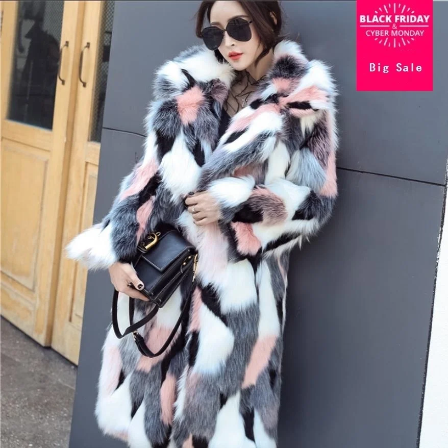 

women's coat faux fox Winter fur parkas patchwork fur long sleeve coat female imitation fur overcoat slim casual outwear L1559