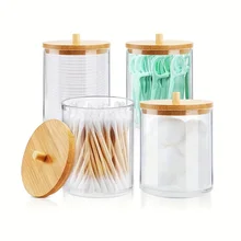 Acrylic Qtip Holder Dispenser Jars with Bamboo Lids, Cotton Ball Pad Round Swab Holder for Bathroom Accessories Storage Organize