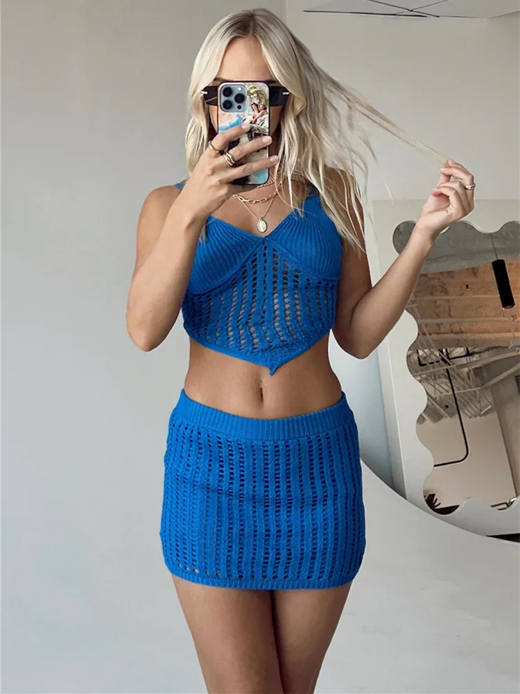 Hirigin Women Knitted Skirt Set Sleeveless V-neck Hollowed Irregular Camisole with Elastic Waist Skirt Summer Two Piece Set
Hirigin Women Knitted Skirt Set Sleeveless V-neck Hollowed Irregular Camisole with Elastic Waist Skirt Summer Two Piece Set