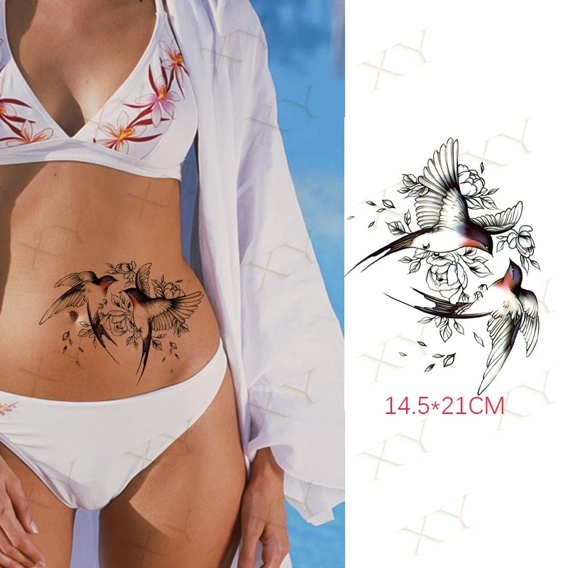 Временная тату-наклейка Ласточка боди-арт большого размера цветы павлина орла