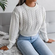 Crop Cable Knit White Sweater Long Sleeve Crew Neck Pullover Women Jumper Soft Girls Autumn Winter Thick & Warm Knitwear