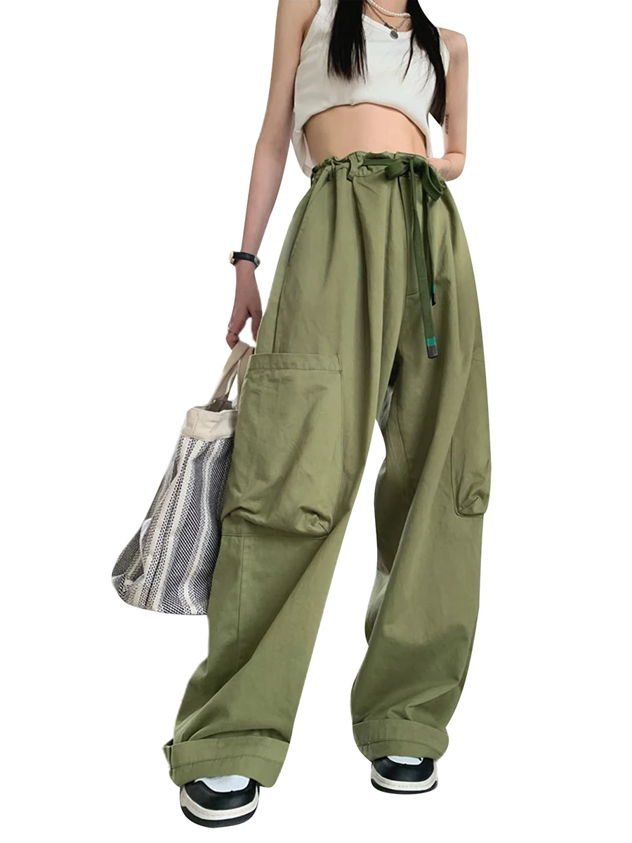 

BEAFNKSG Women Oversized Cargo Pants Low Waist Drawstring Wide Leg Hip Hop Joggers Trousers with Big Pockets Harajuku