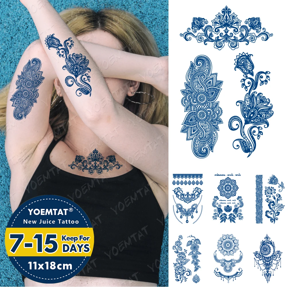 

Водостойкая Временная тату-наклейка с синими чернилами, сексуальная хна, цветок, боди-арт, стойкая поддельная татуировка для мужчин, женщин,...