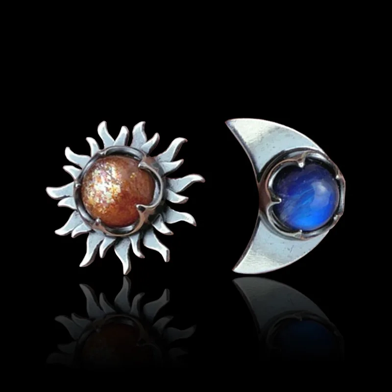 

Bohemia Sun Moon gems Stud Earrings For Women Men Moonstone Asymmetrical Earring Ear Studs Female Boho Fashion Jewelry Gift