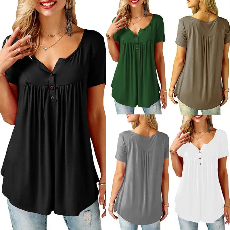 Womens Casual Short Sleeve Loose T-Shirts Solid Color Button Pleated Tunic Tops v-neck female pullover tops summer clothes
Womens Casual Short Sleeve Loose T-Shirts Solid Color Button Pleated Tunic Tops v-neck female pullover tops summer clothes