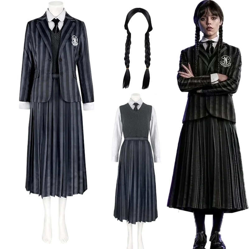 Wednesday Addams Cosplay Costume Schoolgirl Nevermore College School Uniforms Wig Striped Vest Shirt Coat Suit Halloween Party 
Wednesday Addams Cosplay Costume Schoolgirl Nevermore College School Uniforms Wig Striped Vest Shirt Coat Suit Halloween Party