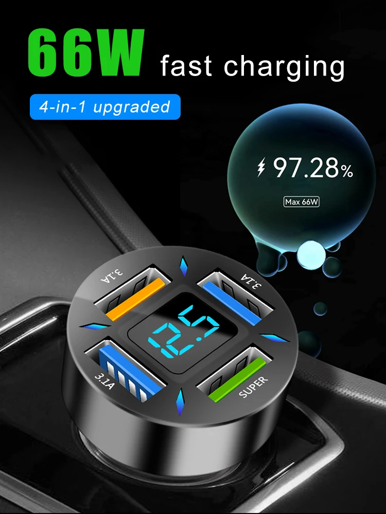 Car Charger 66W PD Fast Charging Type-C 12V/24V 4 USB Ports Cigarette Lighter Adapter LED Voltmeter for Huawei Xiaomi iPhone 13
Car Charger 66W PD Fast Charging Type-C 12V/24V 4 USB Ports Cigarette Lighter Adapter LED Voltmeter for Huawei Xiaomi iPhone 13