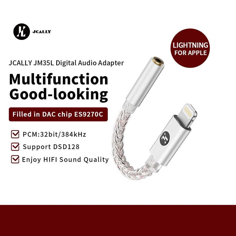 JCALLY JM35L USB Lightning To 3.5mm Cable DAC ES9038Q2M For Apple iOS Hifi Adapter Decode Amp Digital Audio Cable 32bit/384KHz
JCALLY JM35L USB Lightning To 3.5mm Cable DAC ES9038Q2M For Apple iOS Hifi Adapter Decode Amp Digital Audio Cable 32bit/384KHz