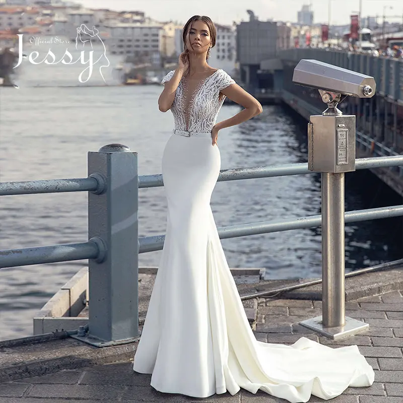Luxurious Wedding Dress Soft Satin With Beading Mermaid A-line Floor Length V-neck Short Sleeves Bride Sashes Vestido De Novia
Luxurious Wedding Dress Soft Satin With Beading Mermaid A-line Floor Length V-neck Short Sleeves Bride Sashes Vestido De Novia