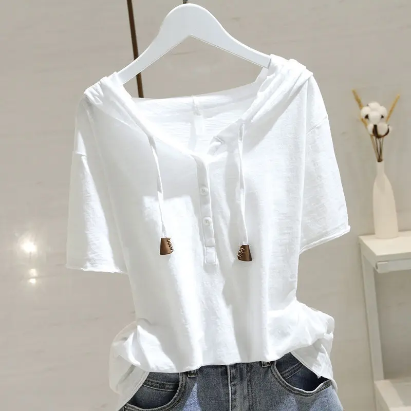 Women's Solid Color Thin Hooded Tops Summer Short Sleeve Button Drawstring T-Shirt Casual Loose All-Matched Hoodies
Women's Solid Color Thin Hooded Tops Summer Short Sleeve Button Drawstring T-Shirt Casual Loose All-Matched Hoodies