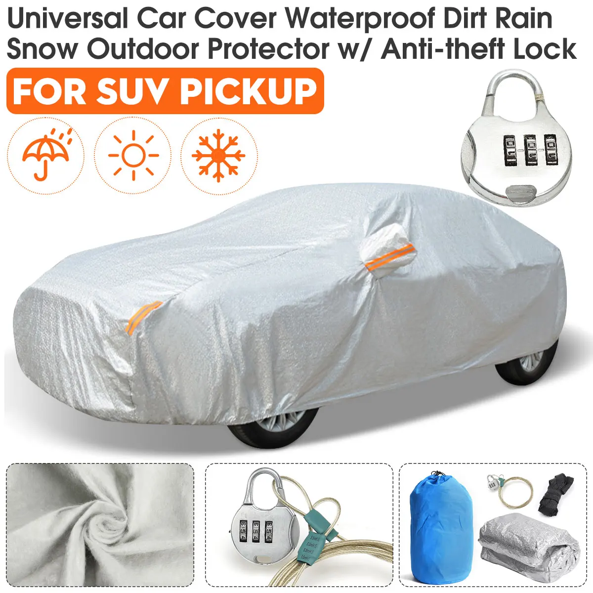 Universal Full Car Cover Outdoor Sunshade Covers Snow Ice Frost Resistant Waterproof Dust-proof Anti-UV w/Anti-theft Lock
Universal Full Car Cover Outdoor Sunshade Covers Snow Ice Frost Resistant Waterproof Dust-proof Anti-UV w/Anti-theft Lock