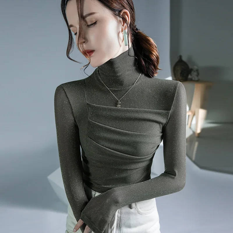HIgh Quality 2022 Women T-shirt Bright Silk Design Female Autumn Sexy Crop Top Clothes Casual Fashion Blouses Grace Meeting 
HIgh Quality 2022 Women T-shirt Bright Silk Design Female Autumn Sexy Crop Top Clothes Casual Fashion Blouses Grace Meeting