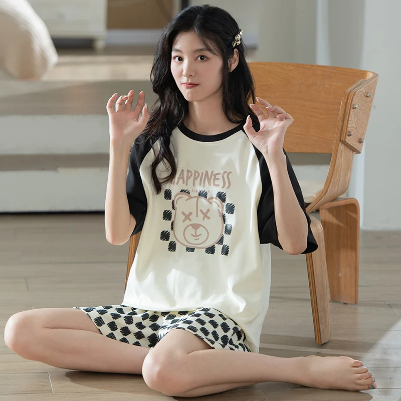 Summer Pure Cotton Cartoon Bears Pajama Sets Women Pyjamas Black Plaid Sleepwear Pijama Mujer Homewear Short Sleeves Nightwear
Summer Pure Cotton Cartoon Bears Pajama Sets Women Pyjamas Black Plaid Sleepwear Pijama Mujer Homewear Short Sleeves Nightwear