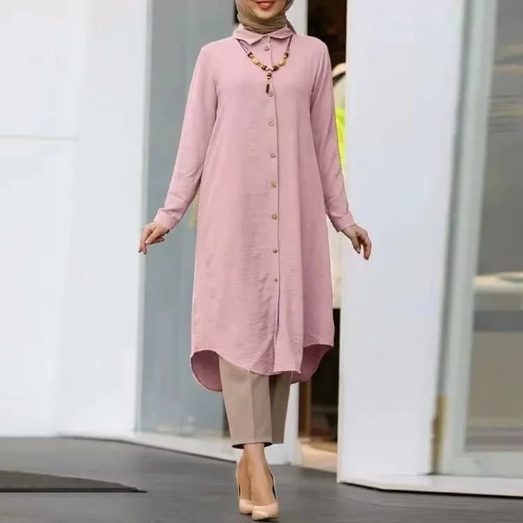 Bangladesh Long Seeve Tops for Muslim Women Blouse with Button Solid Shirt Mid-length Loose Casual Lapel Neck Turkey Clothing
Bangladesh Long Seeve Tops for Muslim Women Blouse with Button Solid Shirt Mid-length Loose Casual Lapel Neck Turkey Clothing