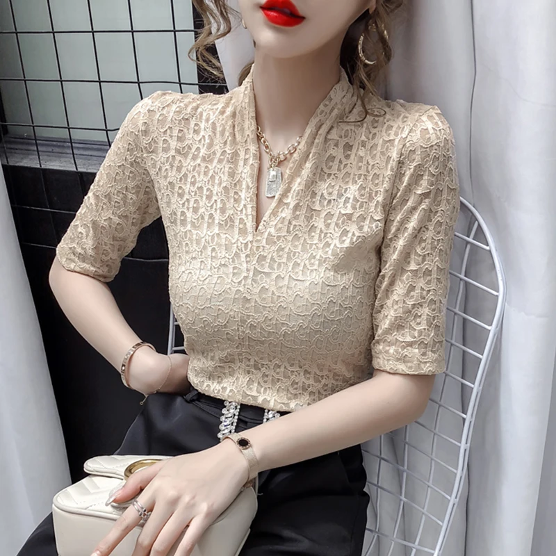 Blouse Women Fashion Summer Solid Sexy Lace V-Neck Shirts Short Sleeves Casual Slim Fit Female Black Blouses Tops
Blouse Women Fashion Summer Solid Sexy Lace V-Neck Shirts Short Sleeves Casual Slim Fit Female Black Blouses Tops