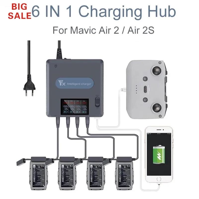 6 in 1 Digital display Battery Charger for DJI Mavic Air 2 /2S Drone Battery Charging Hub Fast Smart Battery Charger with USB
6 in 1 Digital display Battery Charger for DJI Mavic Air 2 /2S Drone Battery Charging Hub Fast Smart Battery Charger with USB