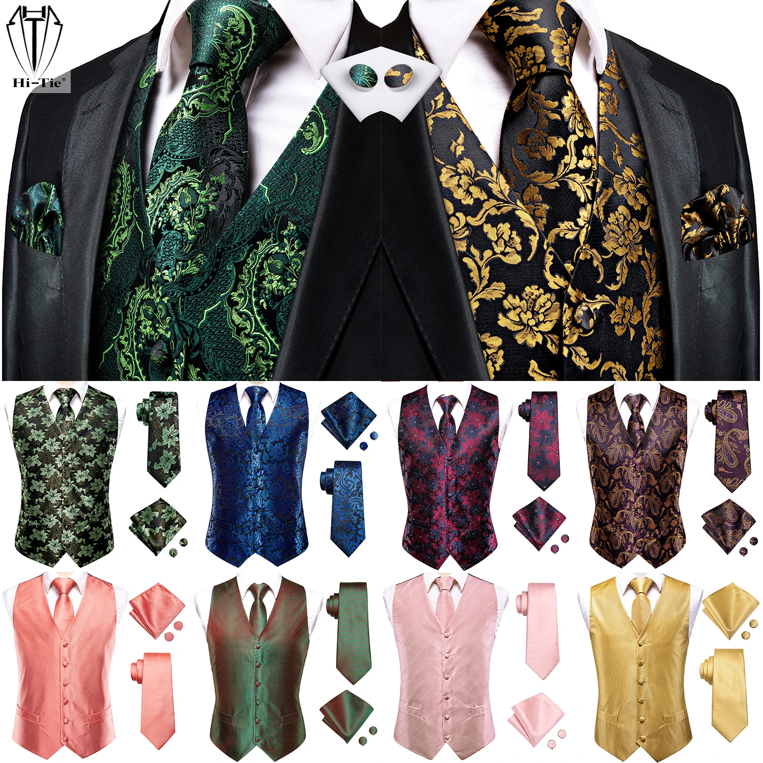 Hi-Tie Woven Silk Mens Vests Green Gold Red Purple Blue Black Gray Waistcoat Jacket Tie Hankerchief Cufflinks for Men Dress Suit
Hi-Tie Woven Silk Mens Vests Green Gold Red Purple Blue Black Gray Waistcoat Jacket Tie Hankerchief Cufflinks for Men Dress Suit