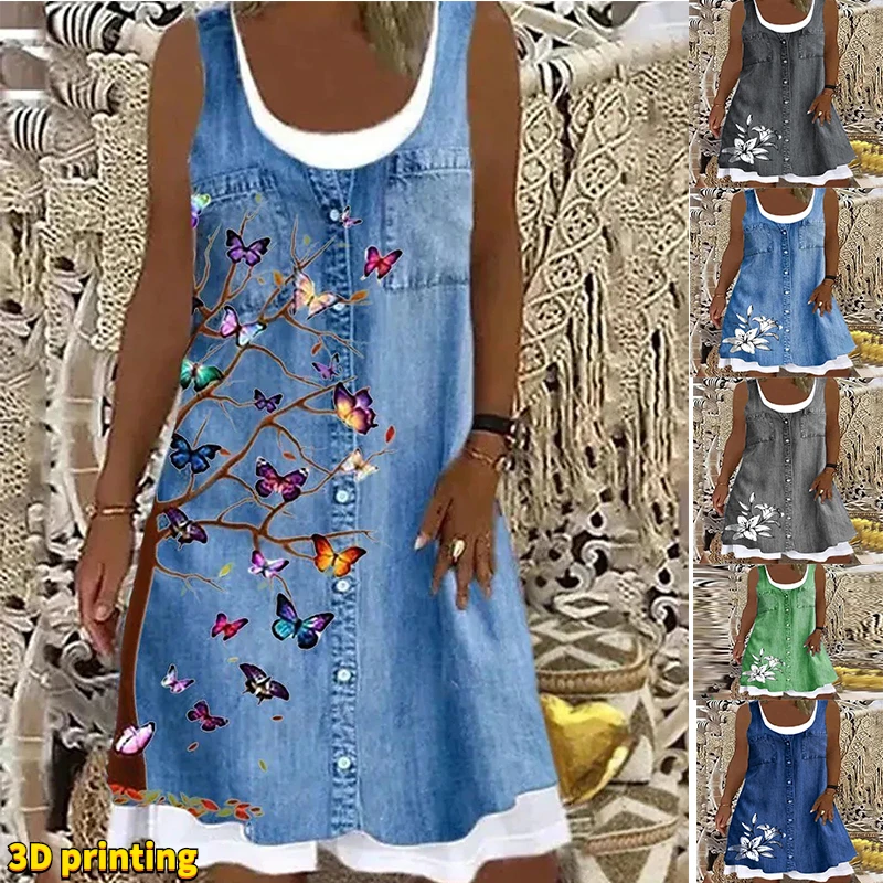 

Платье-трапеция женское до колена, модное повседневное синее платье без рукавов, в горошек, с 3D принтом, на весну-лето