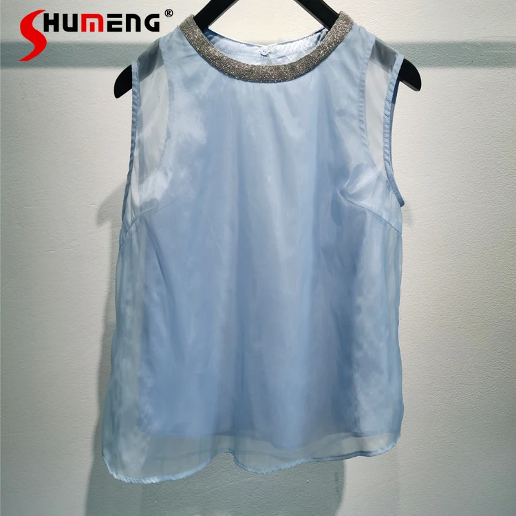 Women's Rhinestones T-shirt Trendy 22 Spring and Summer New Beaded O Neck Sleeveless Vest Top Blue Loose Mesh Shirts for Women
Women's Rhinestones T-shirt Trendy 22 Spring and Summer New Beaded O Neck Sleeveless Vest Top Blue Loose Mesh Shirts for Women