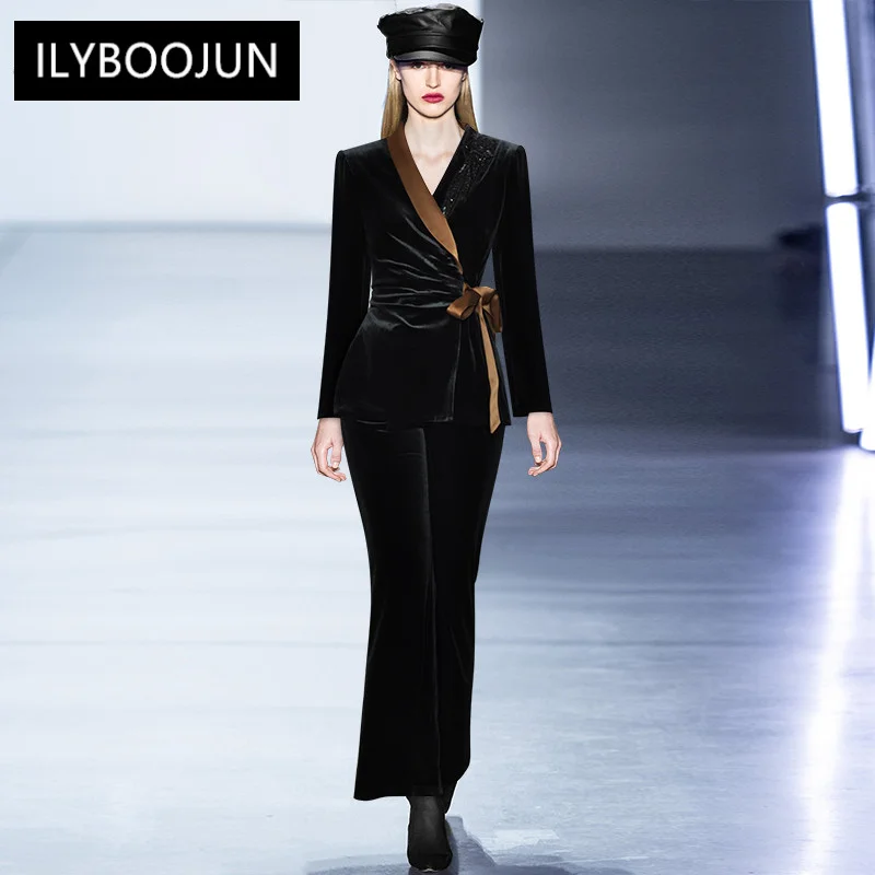 Fashion Runway Spring Winter Black Velvet suit Women Beading Long sleeve Bow Belt Top and Flare Pants Two Pieces Set
Fashion Runway Spring Winter Black Velvet suit Women Beading Long sleeve Bow Belt Top and Flare Pants Two Pieces Set