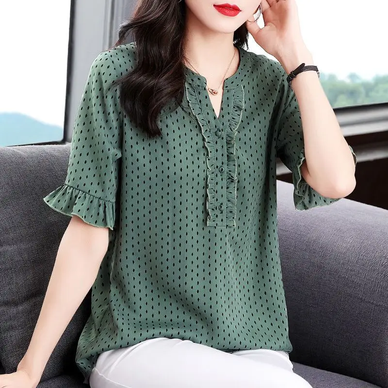 Stylish Polka Dot Printed Shirt Sweet Edible Tree Fungus Spliced Elegant V-Neck Summer Ruffles Half Sleeve Female Button Blouse
Stylish Polka Dot Printed Shirt Sweet Edible Tree Fungus Spliced Elegant V-Neck Summer Ruffles Half Sleeve Female Button Blouse