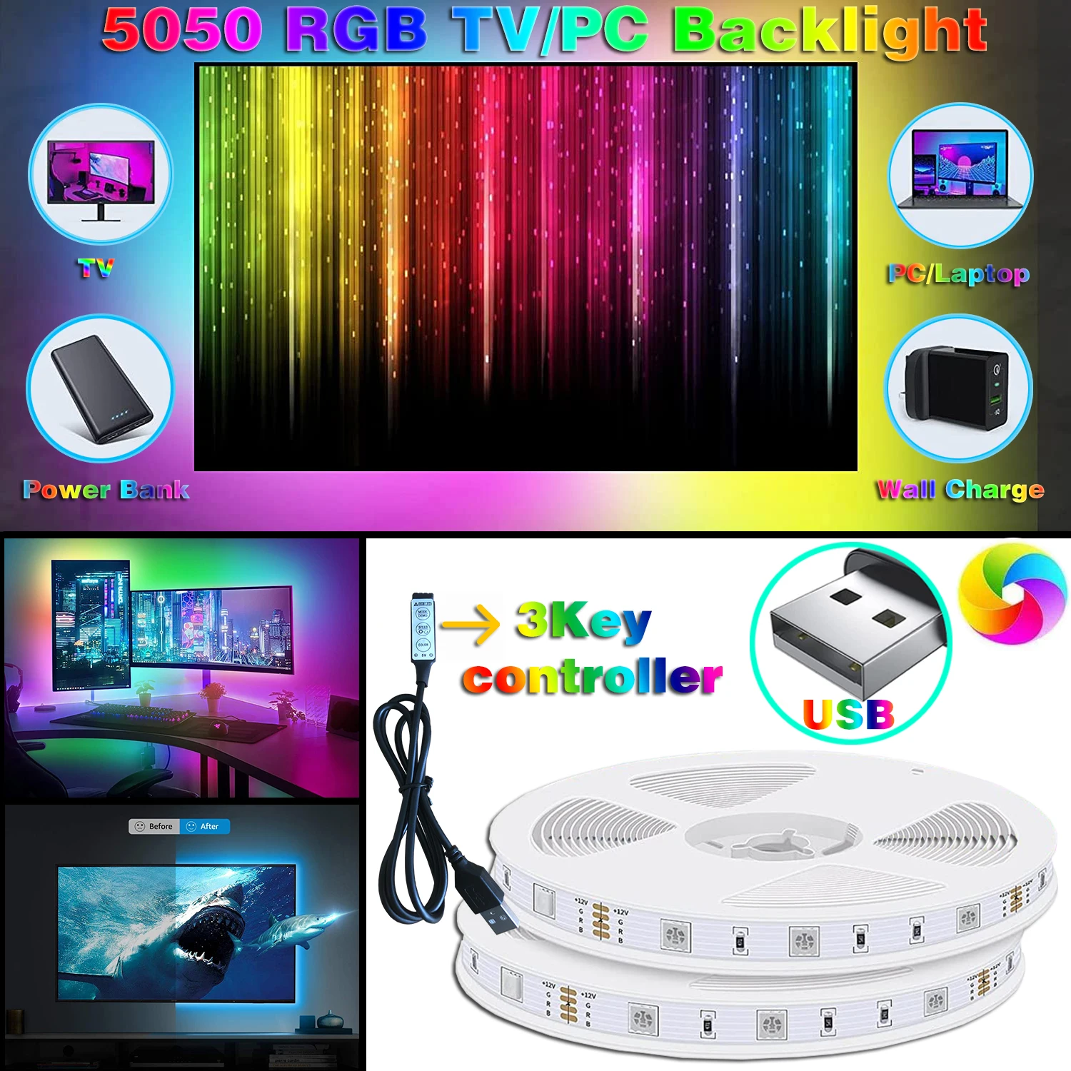 LED Strip Light USB RGB 5V LED RGB Lights Flexible LED Lamp Tape Ribbon RGB TV Desktop Screen BackLight Diode Tape
LED Strip Light USB RGB 5V LED RGB Lights Flexible LED Lamp Tape Ribbon RGB TV Desktop Screen BackLight Diode Tape