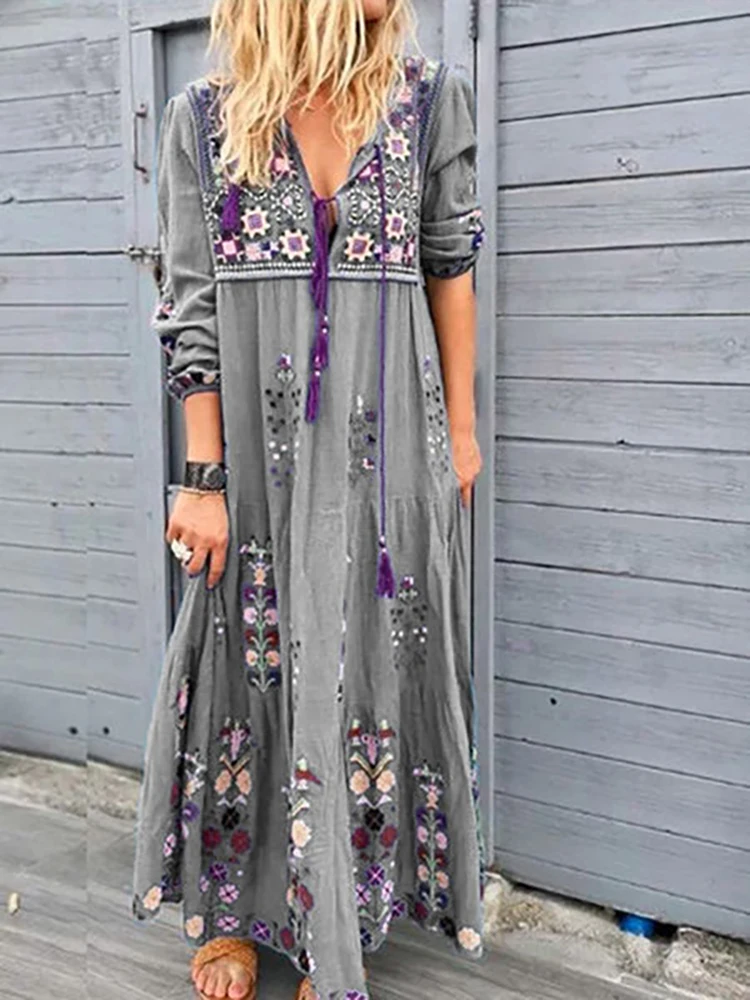 Bohemian Maxi Dresses Women Beach Long Sundress Drawstring V Neck Long Sleeve Dress Ladies Casual Loose Floral Printed Vestidos
Bohemian Maxi Dresses Women Beach Long Sundress Drawstring V Neck Long Sleeve Dress Ladies Casual Loose Floral Printed Vestidos