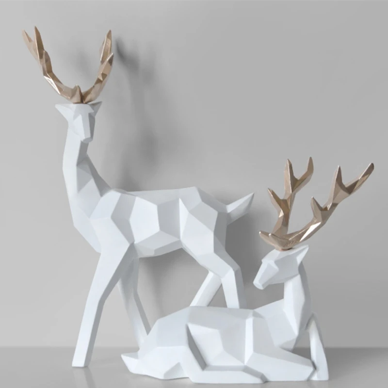 

2Pcs Nordic Style Geometric Elk Sculpture Sitting Standing Deer Resin Statues Reindeer Animal Figurines TV Cabinet Tabletop Home