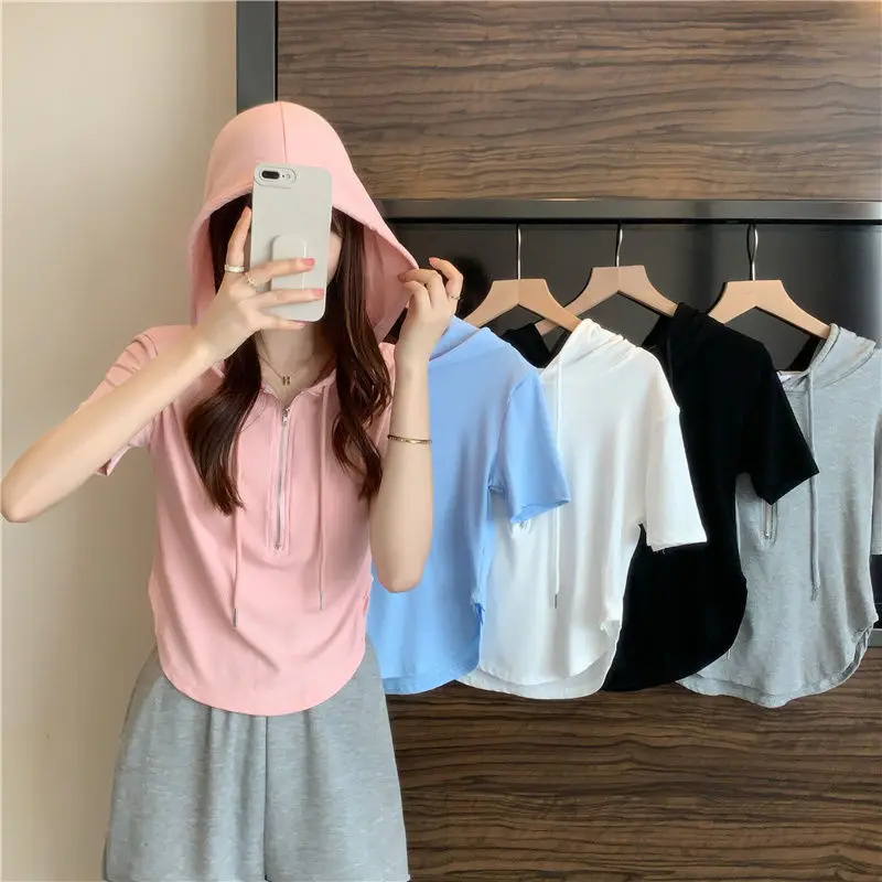 Hoodie Short Sleeve T-Shirt Zipper Design Chic Tunic Skinny Casual Aesthetic Korean Fashion Beautiful Woman Blouse Summer 2022
Hoodie Short Sleeve T-Shirt Zipper Design Chic Tunic Skinny Casual Aesthetic Korean Fashion Beautiful Woman Blouse Summer 2022