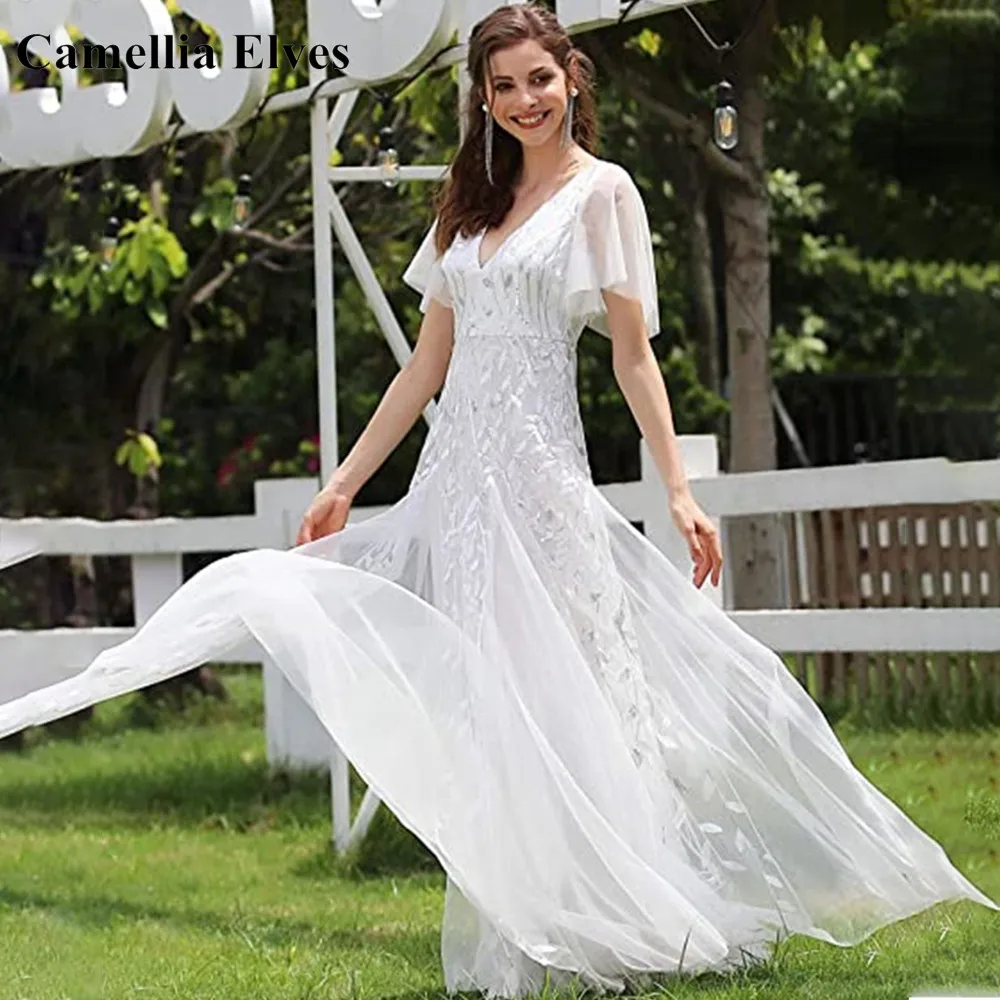 Exquisite Wedding Dresses for Women 2022 Long Sequined Tulle Short Flare Sleeve V-Neck Backless Wedding Dress robe de mariée
Exquisite Wedding Dresses for Women 2022 Long Sequined Tulle Short Flare Sleeve V-Neck Backless Wedding Dress robe de mariée