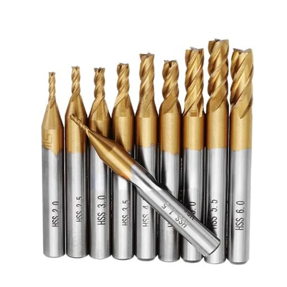 Tools milling cutter cutting tools 10pcs/set 1.5-6mm Ti Coated HSS Straight Shank 4 Flute Milling Cutter End Mill
Tools milling cutter cutting tools 10pcs/set 1.5-6mm Ti Coated HSS Straight Shank 4 Flute Milling Cutter End Mill