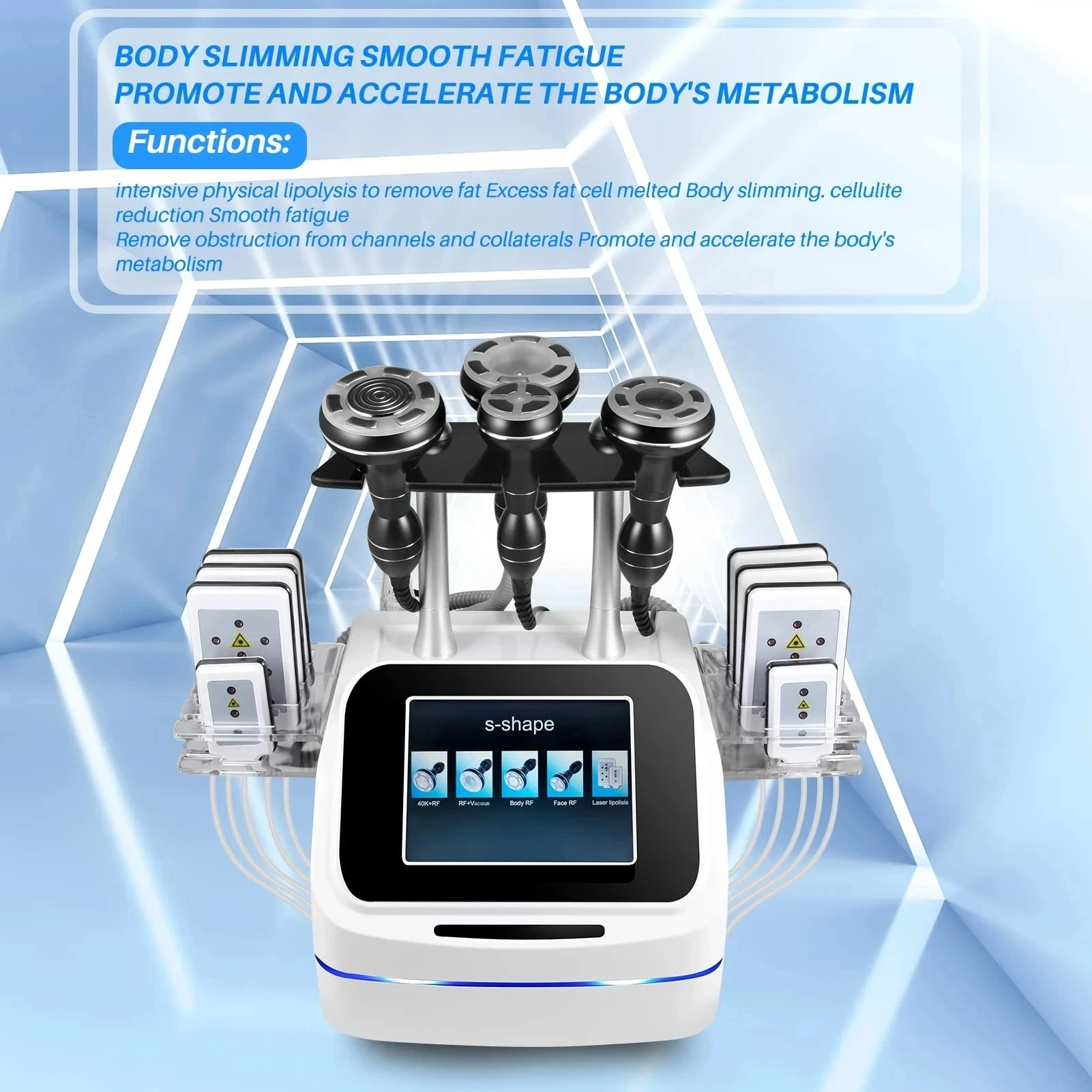 5 in 1 S-Shape 40K Cavitation Body Slimming Machine Body Shaping Vacuum Multipolar RF Beauty Device for Face and Body
5 in 1 S-Shape 40K Cavitation Body Slimming Machine Body Shaping Vacuum Multipolar RF Beauty Device for Face and Body