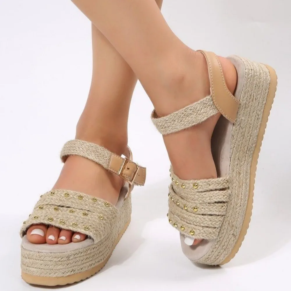 

Slope Heel Thick Soled Hemp Rope Grass Woven Women's Shoes For Foreign Trade Large Roman Sandals Solid Color line Buckle Sandals