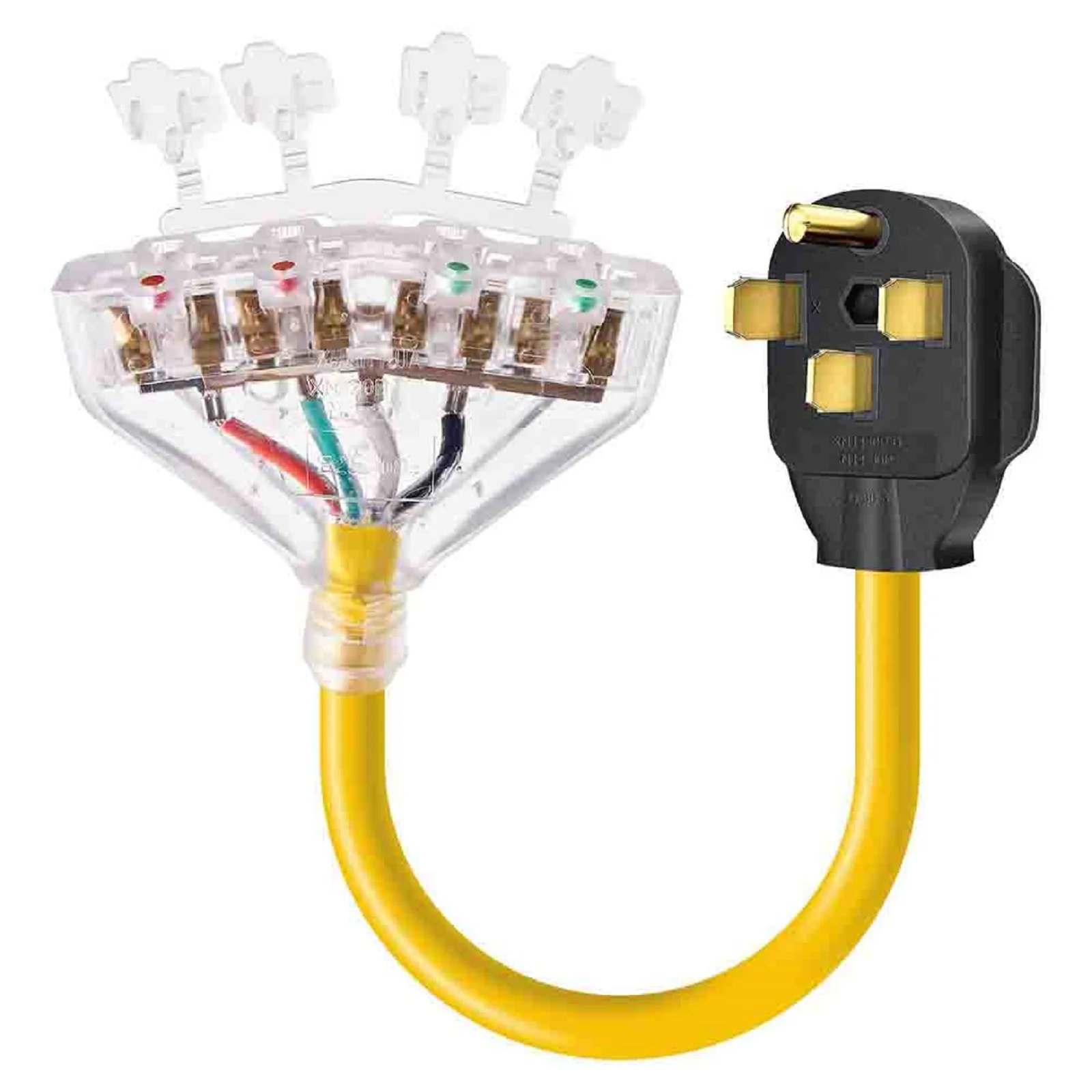 Superior 50 Amp to 110V RV Adapter Cord with Clear End Receptacles NEMA 14 50P Male to 4X 5 20R Female Receptacles
Superior 50 Amp to 110V RV Adapter Cord with Clear End Receptacles NEMA 14 50P Male to 4X 5 20R Female Receptacles