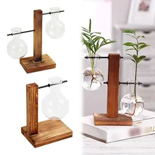 Transparent Bulb Vase with Wooden Stand Desktop Glass Planter for Hydroponics Plants Coffee Shop Room Decor