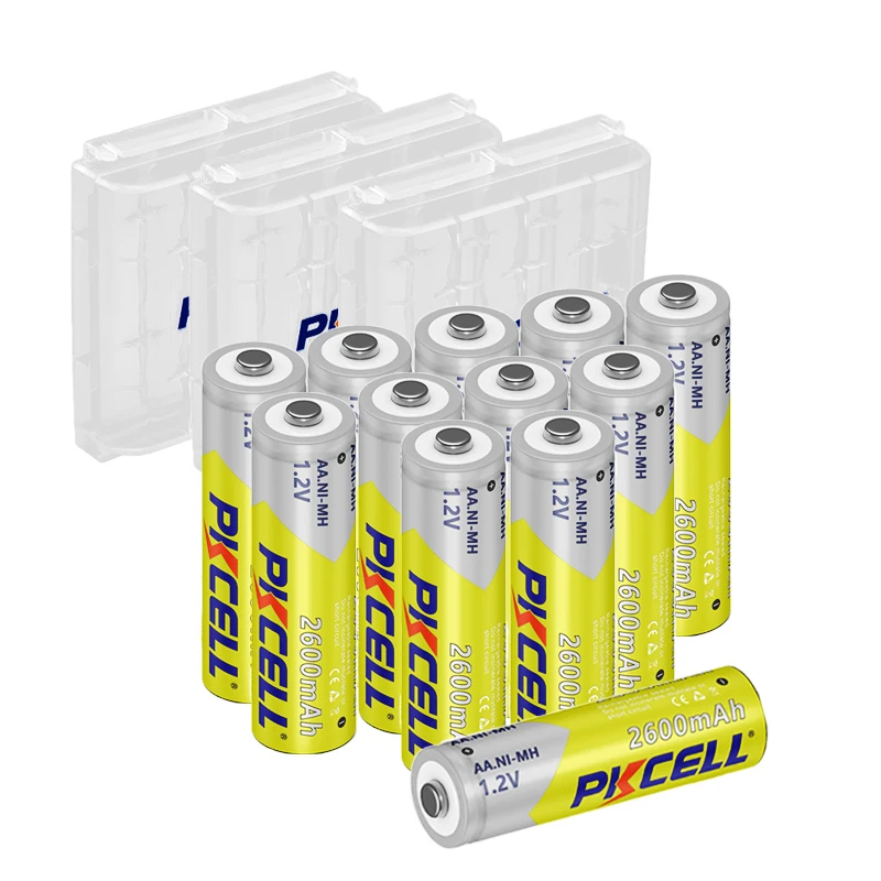 

Pkcell AA Rechargeable Battery , 1.2V,2300mAh-2600mAh, Ni-MH AA Batteries , 12 Pcs for Flashlight Toys and 3PC battery box