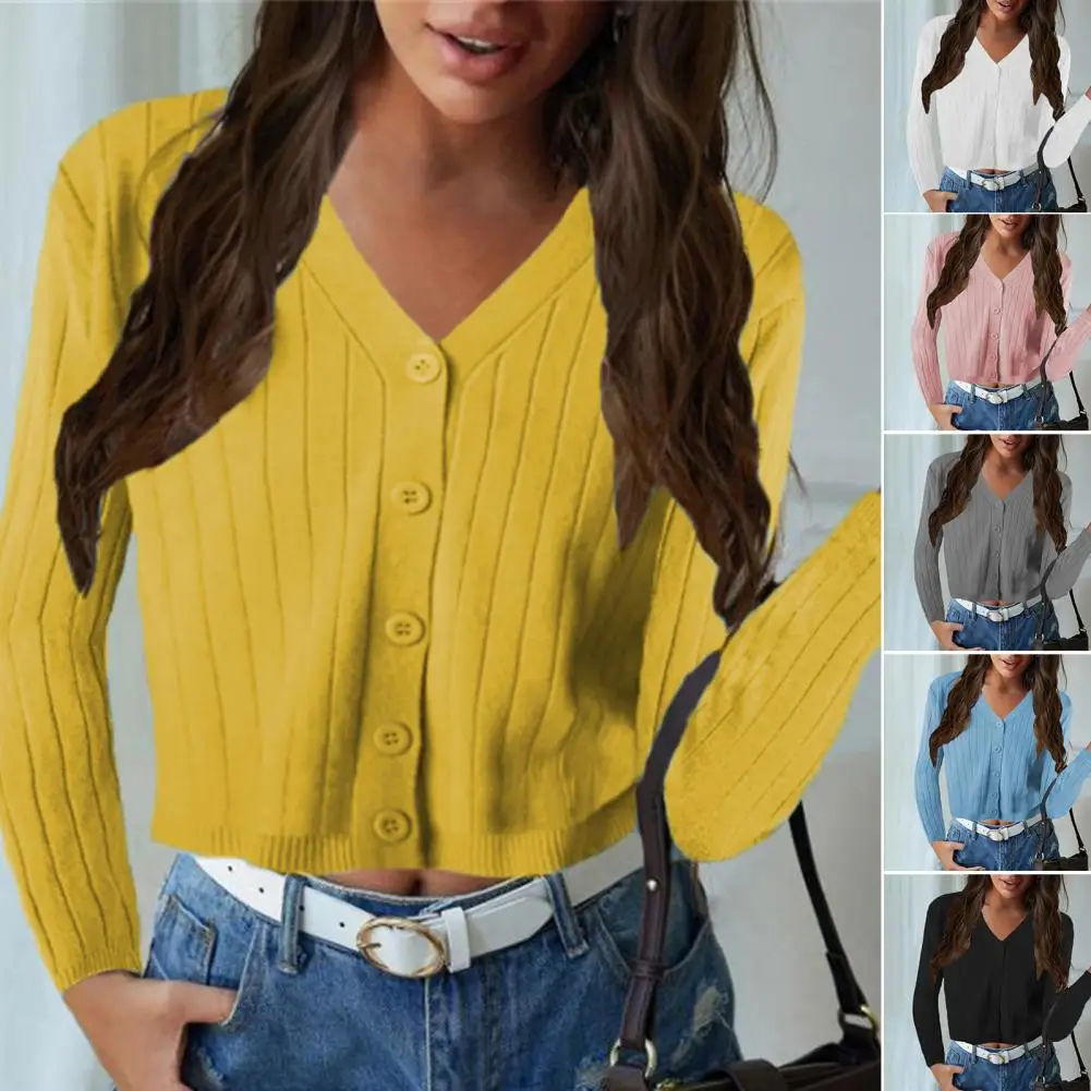 Women Knitted Coat V Neck Long Sleeve Solid Color Lady Buttons Placket Ribbed Cropped Cardigan Pullover Top Female Outerwear
Women Knitted Coat V Neck Long Sleeve Solid Color Lady Buttons Placket Ribbed Cropped Cardigan Pullover Top Female Outerwear