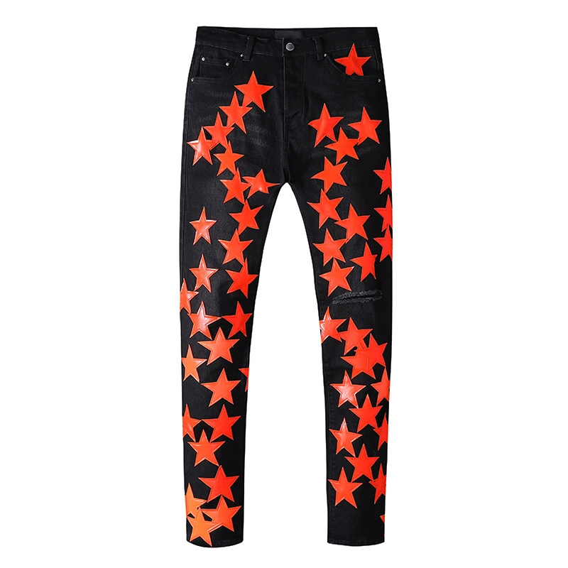 AM Brand Men's Jeans Ripped Orange Star Patched Pants Leather High Street Jeans For Men Personality Stretch Slim Denim Pants
AM Brand Men's Jeans Ripped Orange Star Patched Pants Leather High Street Jeans For Men Personality Stretch Slim Denim Pants