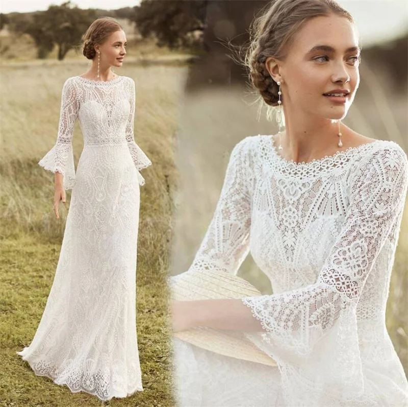 Scoop Beach Style Sweep Train Wedding Dress Elegant Lace Bell Sleeve Bohemian Backless Bridal Gowns vestidos de mairee Wedding
Scoop Beach Style Sweep Train Wedding Dress Elegant Lace Bell Sleeve Bohemian Backless Bridal Gowns vestidos de mairee Wedding