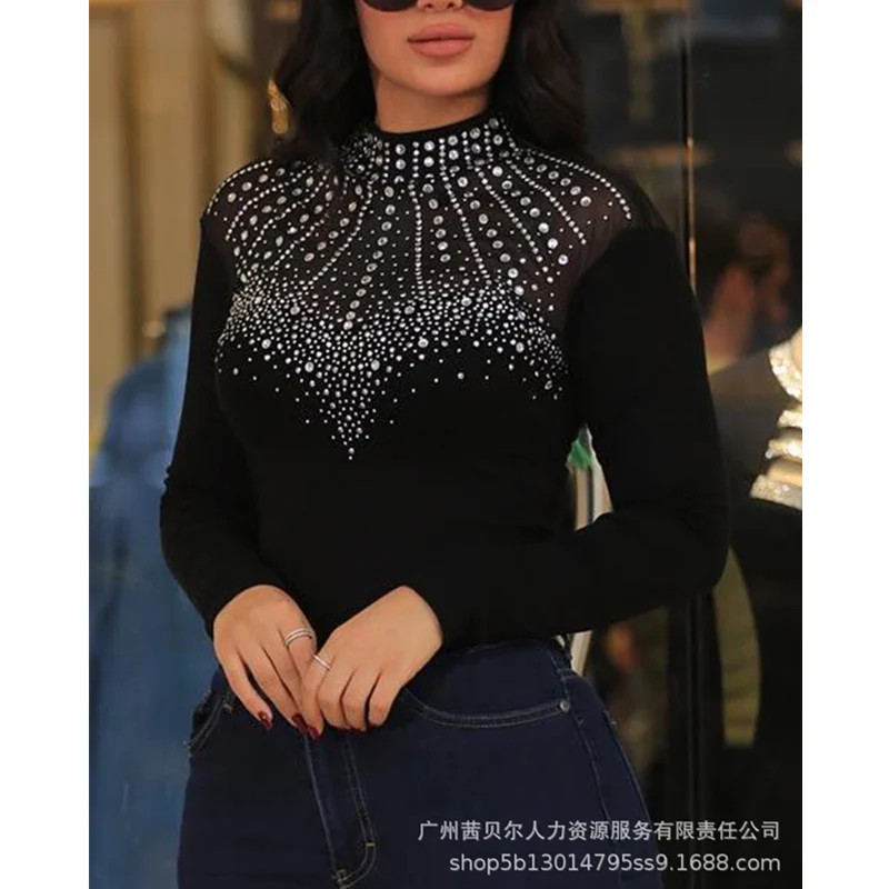 Elegant Rhinestone Decor Long Sleeve Slim Shirt Top Women Sexy Casual Fashion Turtleneck Skinny T-shirt Streetwear
Elegant Rhinestone Decor Long Sleeve Slim Shirt Top Women Sexy Casual Fashion Turtleneck Skinny T-shirt Streetwear