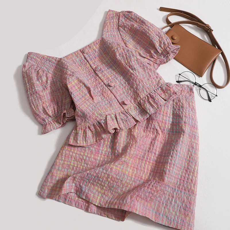 

Женский летний костюм из двух предметов, пуловер с квадратным вырезом и юбка до локтя, милый модный розовый топ с деревянными ушками, трапециевидная короткая юбка