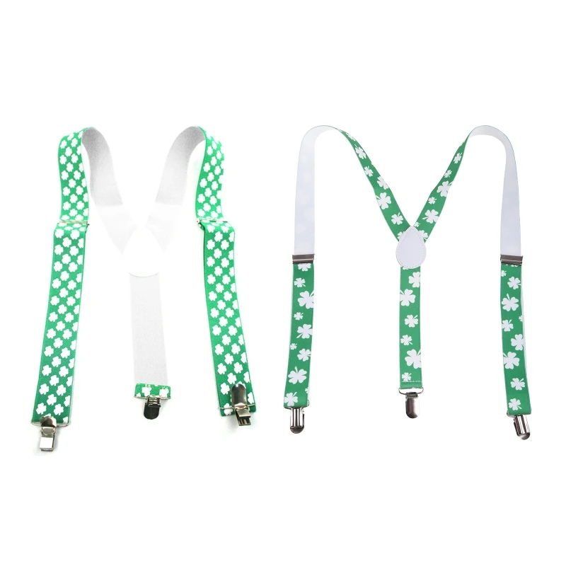 

Irish Festival Saint Patricks Day Y Back Suspenders with Clips Shamrock Clover Print Strap Belt Party Cosplay Costume