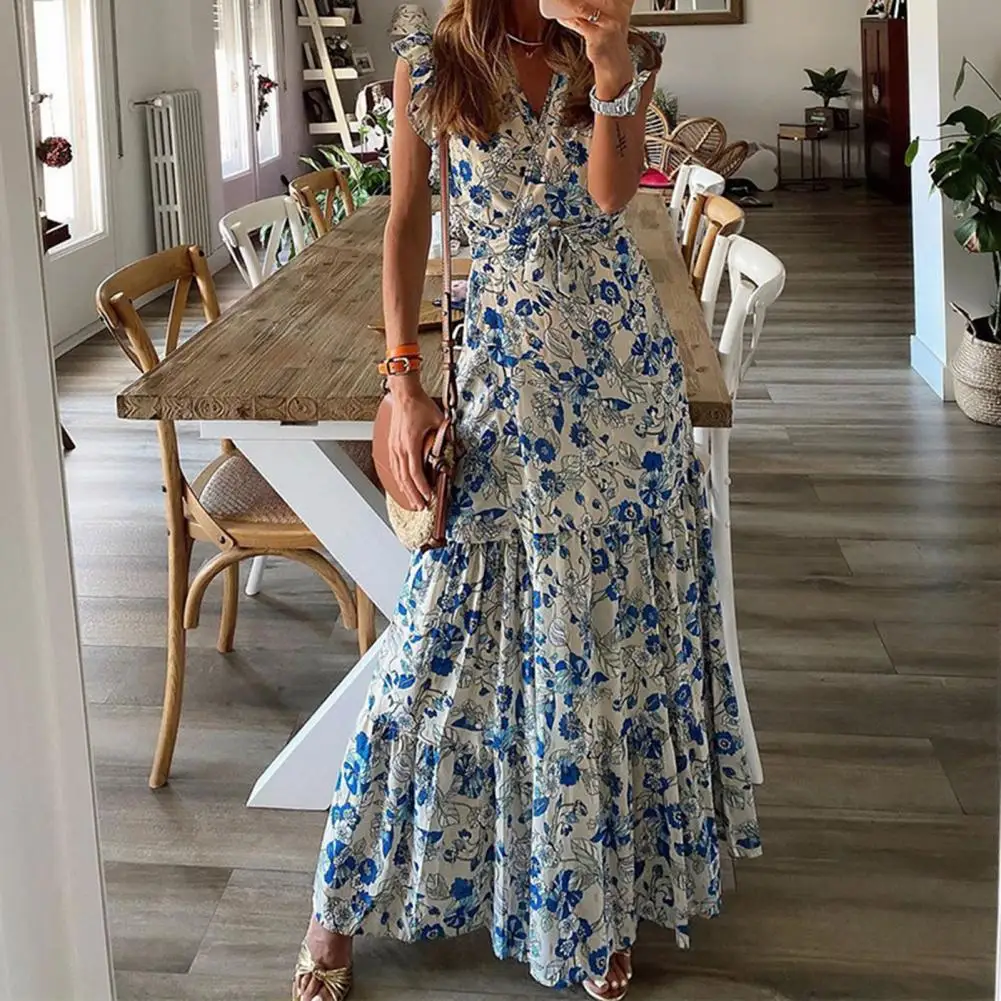 V-Neck Ruffle Trim Lace-up Stitching Large Hem Maxi Dress Floral Print Sleeveless Beach Holiday Dress Chic A-Line Summer Dress
V-Neck Ruffle Trim Lace-up Stitching Large Hem Maxi Dress Floral Print Sleeveless Beach Holiday Dress Chic A-Line Summer Dress
