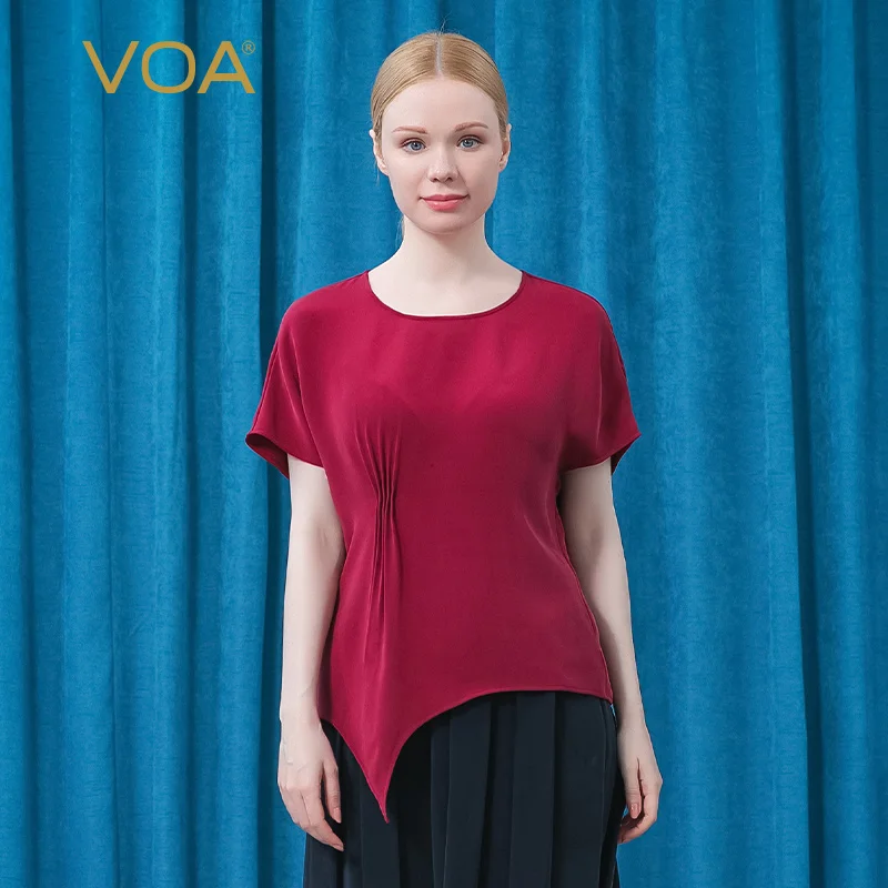 VOA 30m/m Silk Round Neck Short Sleeve Agate Red Fold Asymmetric Loose Home Shopping T Shirt Summer BE606 Woman Tshirts
VOA 30m/m Silk Round Neck Short Sleeve Agate Red Fold Asymmetric Loose Home Shopping T Shirt Summer BE606 Woman Tshirts