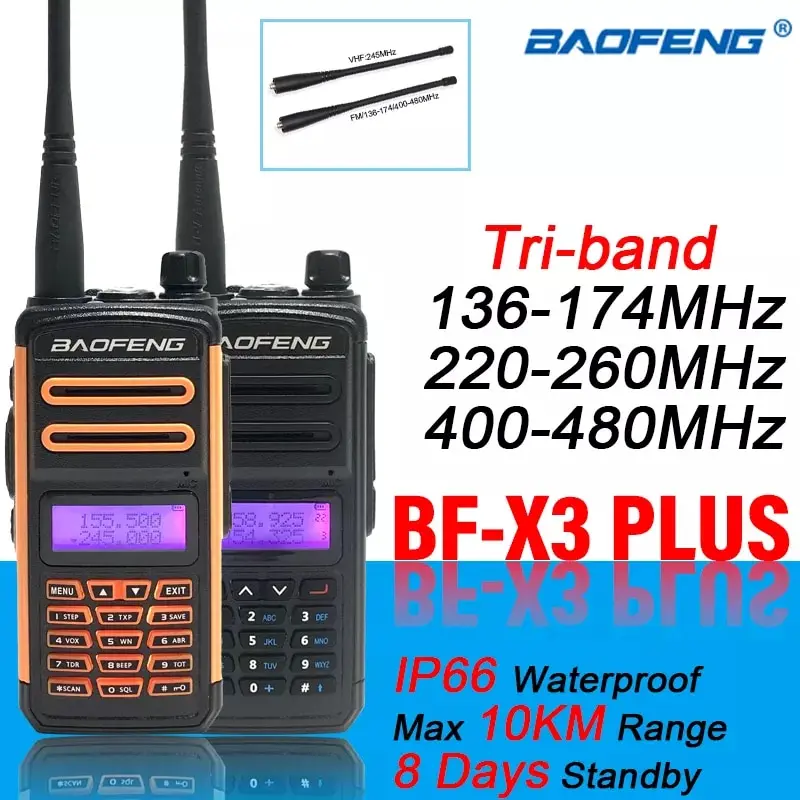 2021 BF X3 Plus высокомощная рация большого радиуса действия, трехдиапазонная портативная рация CB, КВ трансивер, обновленная версия
2021 BF X3 Plus высокомощная рация большого радиуса действия, трехдиапазонная портативная рация CB, КВ трансивер, обновленная версия