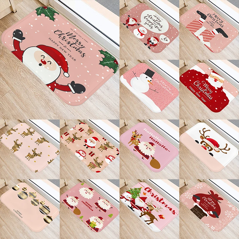 

Pink Santa Claus Elk Pattern 40*60 Kitchen Entrance Door Mats Coral Velvet Carpet Doormat Indoor Floor Anti-Slip Rug 48098-2