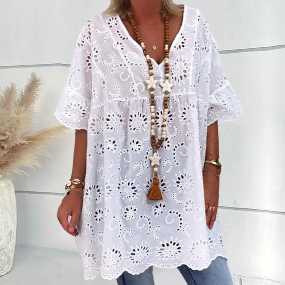 Women Mini Dress Summer V-Neck Hollow Out Ladies Dress Embroidery Pattern Short Sleeves Ruffle Dress Casual Loose Cover-up Dress
Women Mini Dress Summer V-Neck Hollow Out Ladies Dress Embroidery Pattern Short Sleeves Ruffle Dress Casual Loose Cover-up Dress
