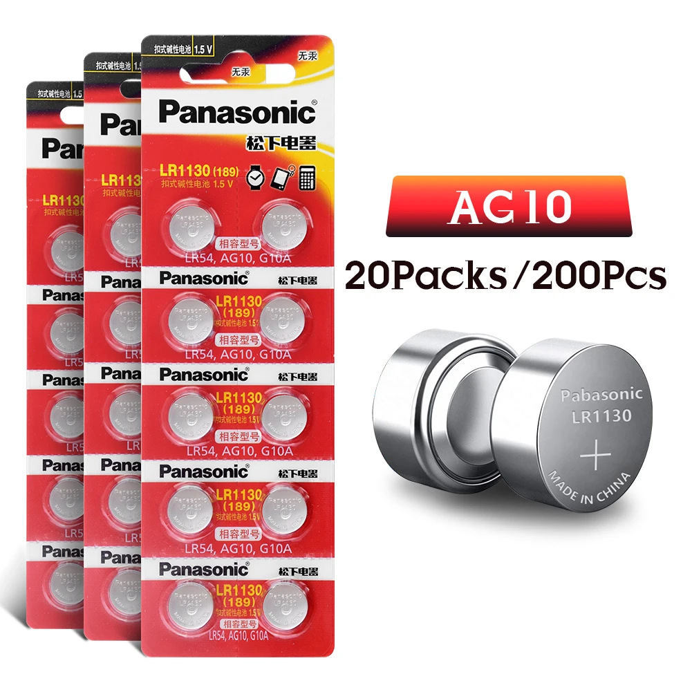 Panasonic 200Pcs AG10 Alkaline Battery LR1130 LR54 Button Coin Cell Batteries 1.5V D189 D389 D390 G10 G10A 1168A For Watch Toys
Panasonic 200Pcs AG10 Alkaline Battery LR1130 LR54 Button Coin Cell Batteries 1.5V D189 D389 D390 G10 G10A 1168A For Watch Toys
