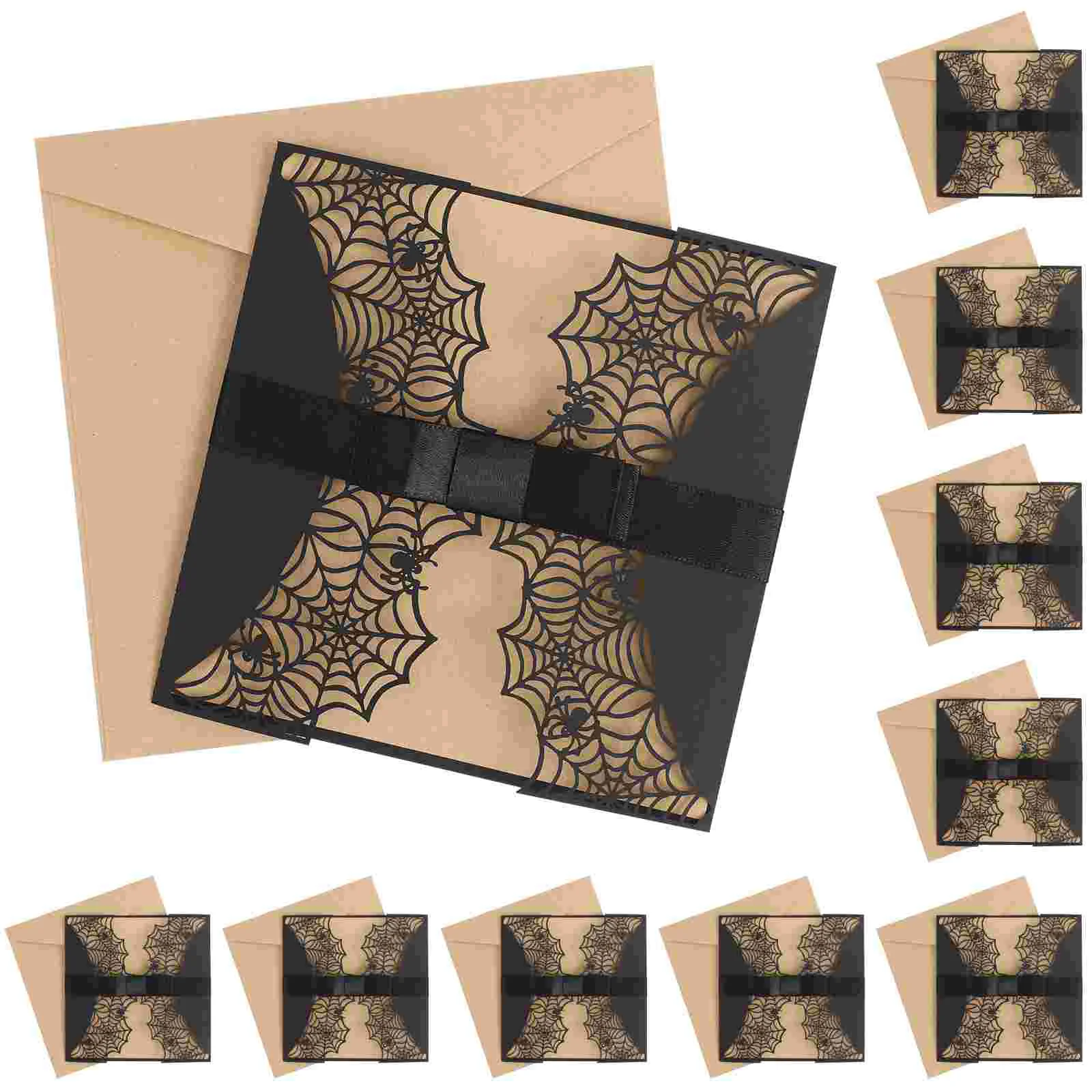 

10pcs Creative Cut Halloween Invitations Hollow Horror Party Invitations Cards Spiderweb Design Cards with Bowknots (Black)
